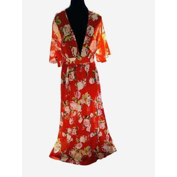 NWT BCBGMAXAZRIA Scarlet Rose Bloom Kimono Deep V Maxi Dress Women’s 6/S - Picture 2 of 16